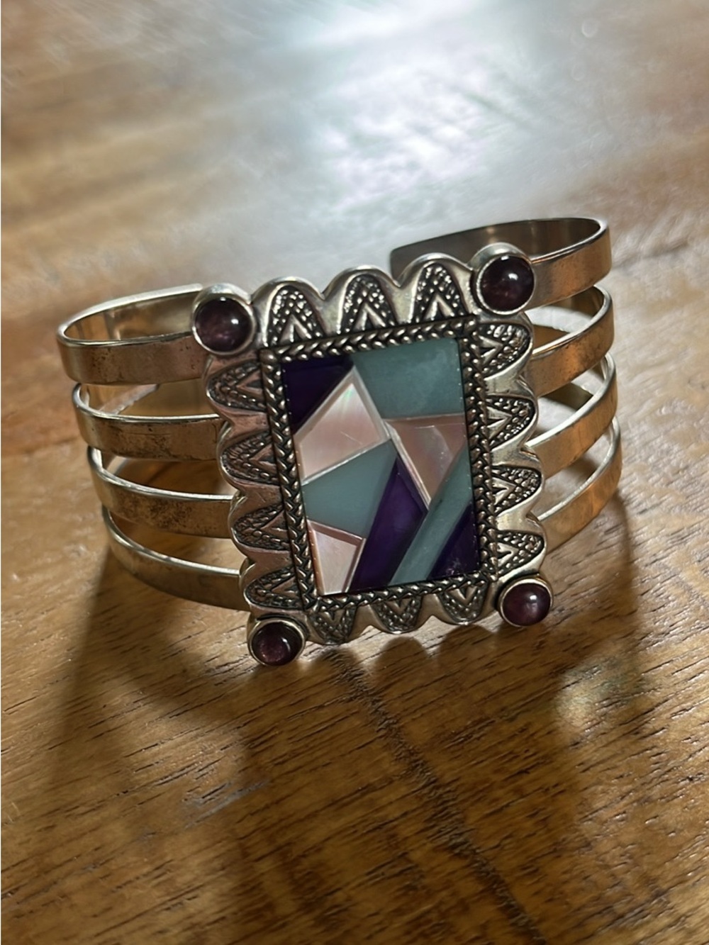 Vintage Carolyn Pollack Relios Sterling Amethyst, MOP, Charoite Cuff Bracelet